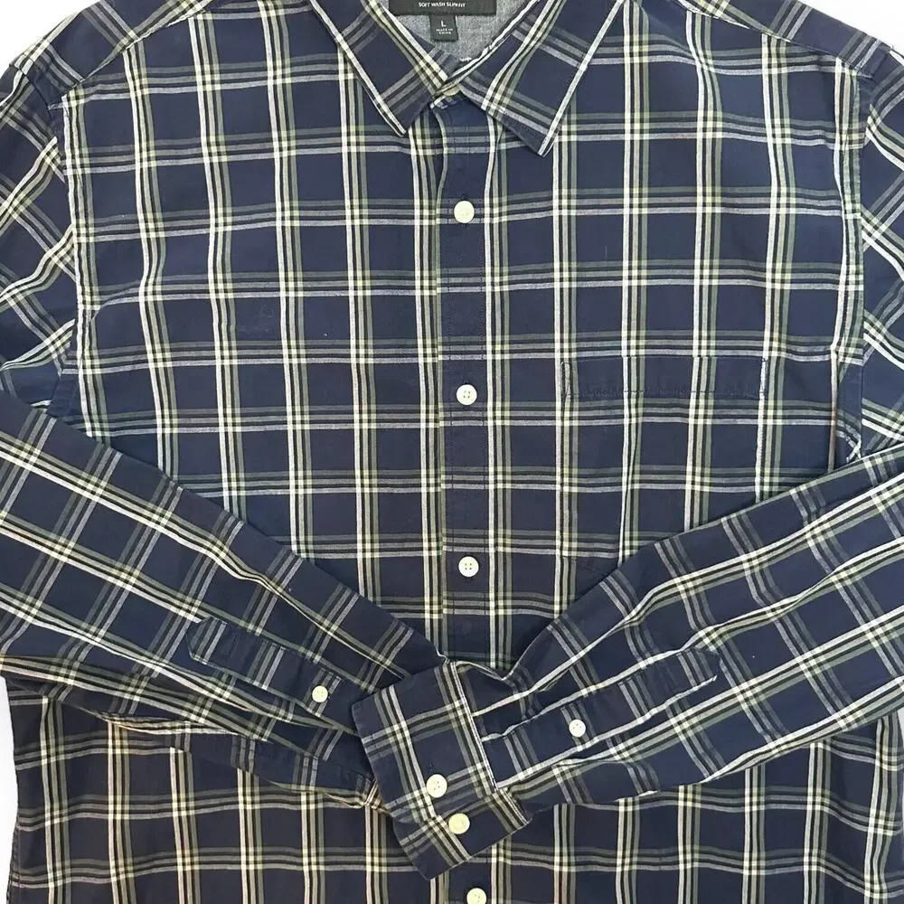 BANANA REPUBLIC Soft Wash Button Up Shirt Slim Fit Blue Plaid Night Out Large